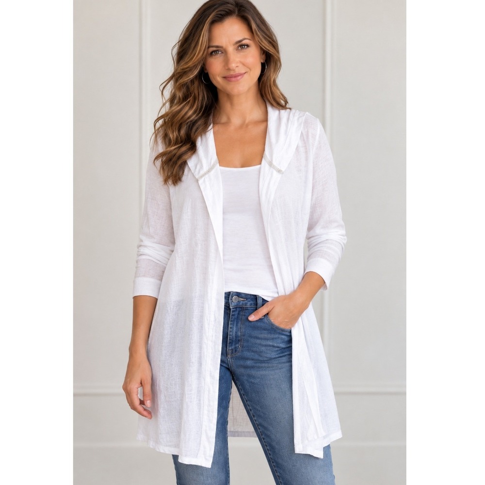 Tahari 1X White 100% Linen Hooded Open Front Long Cardigan Duster Lightweight
